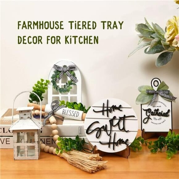 Farmhouse Tiered Tray Decor Set Rustic Wood Kitchen Shelf Table Accents - Picture 5 of 7